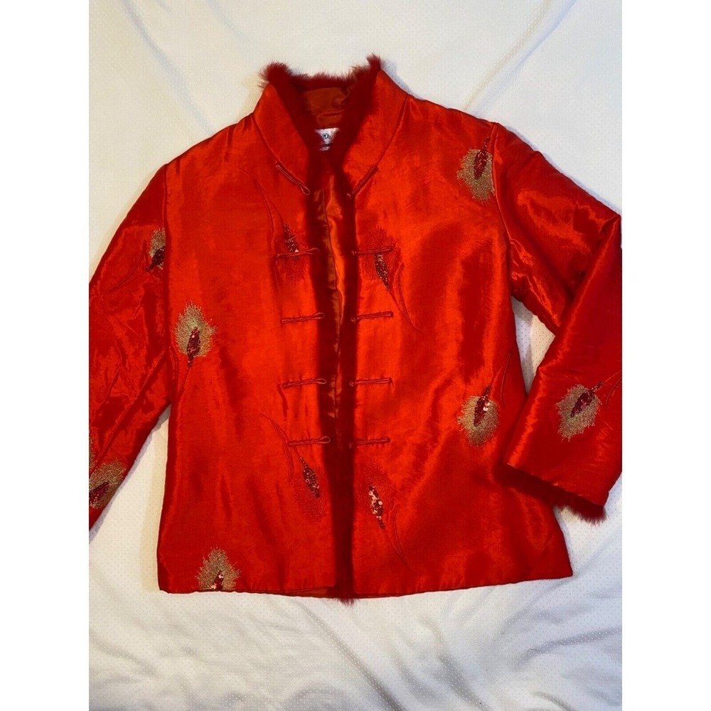 Vth Red Satin Embroidered Jacket Faux‎ Fur Trim Chinese Button Womens S